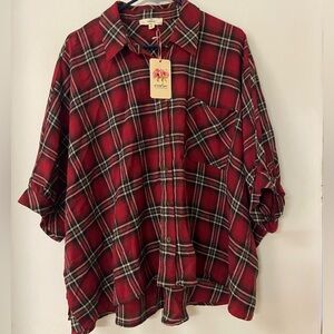 NWT Entro Reagan oversized plaid button up red top blouse shirt medium
